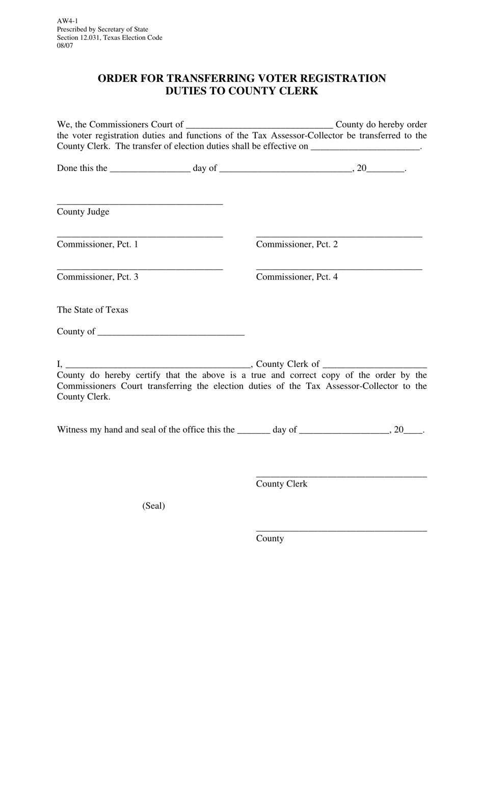 Form AW4-1 Order for Transferring Voter Registration Duties to County Clerk - Texas, Page 1