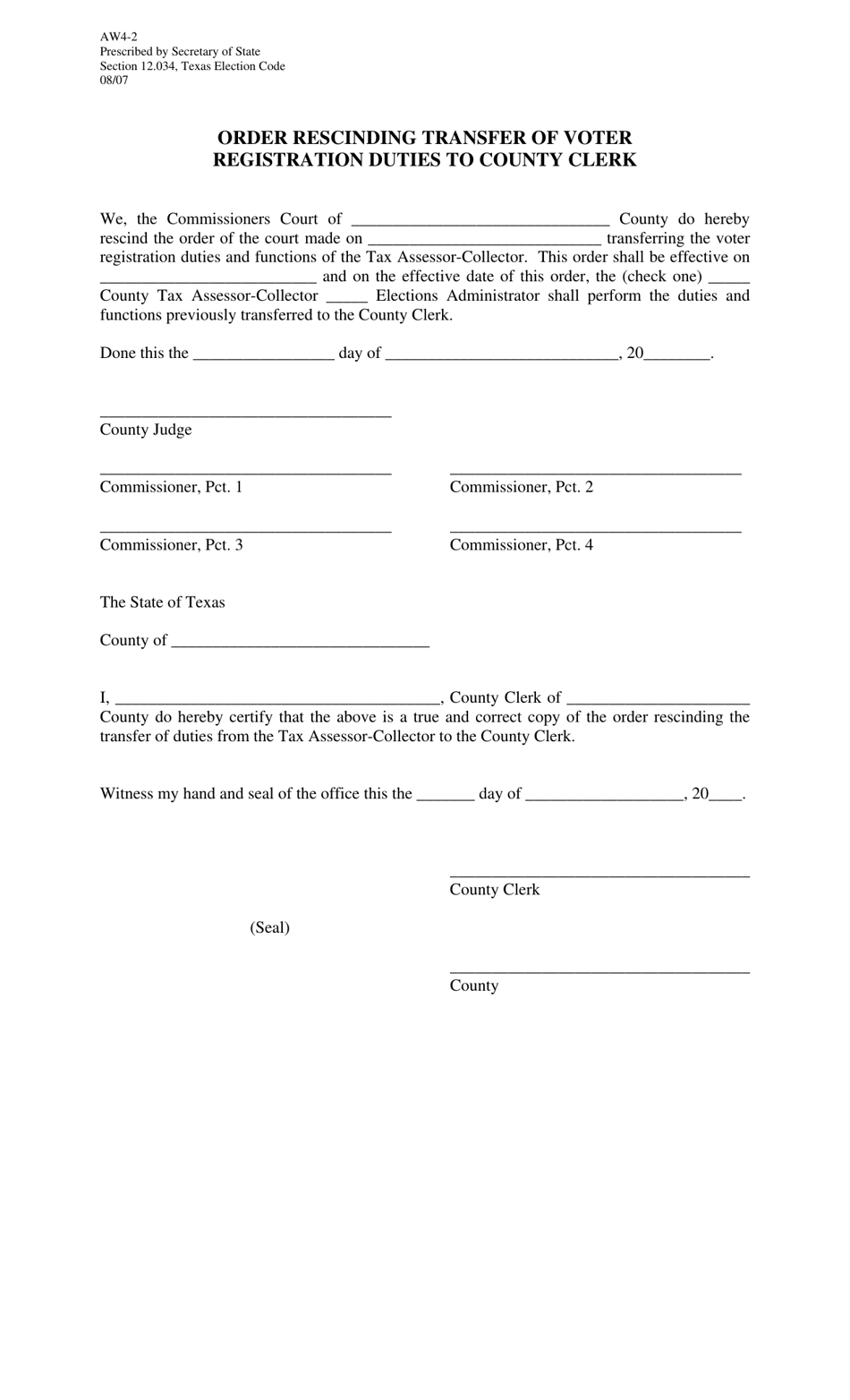 Form AW4-2 Order Rescinding Transfer of Voter Registration Duties to County Clerk - Texas, Page 1