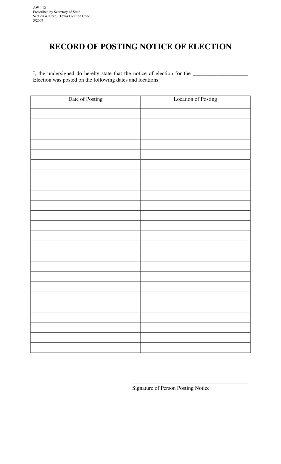 Form AW1-12 Record of Posting Notice of Election - Texas, Page 1