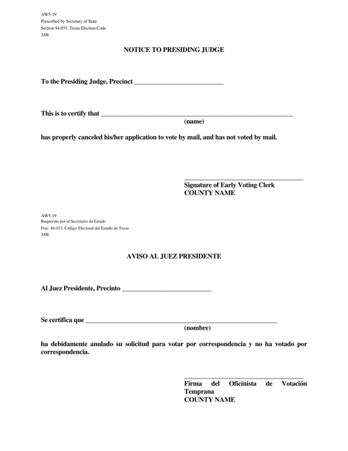 Form AW5-19 Notice to Presiding Judge - Texas (English/Spanish)