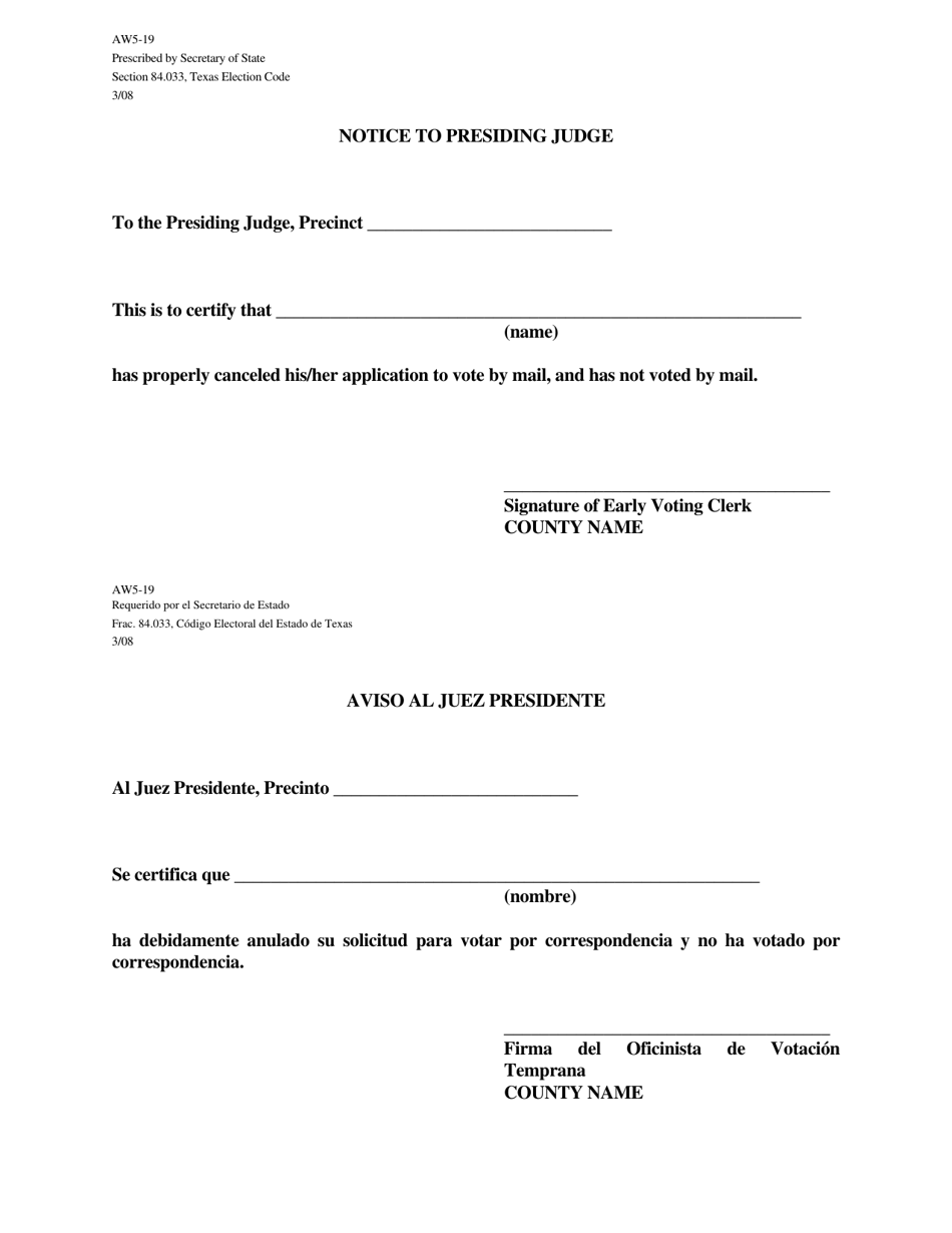 Form AW5-19 Notice to Presiding Judge - Texas (English / Spanish), Page 1