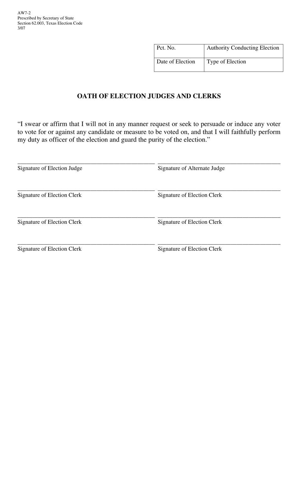 Form AW7-2 Oath of Election Judges and Clerks - Texas, Page 1