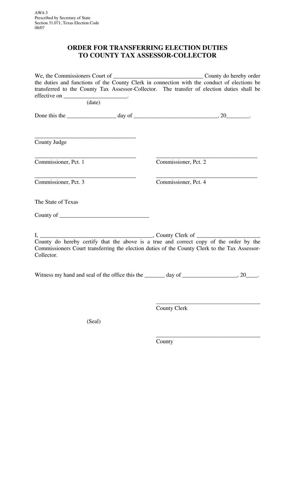 Form AW4-3 Order for Transferring Election Duties to County Tax Assessor-Collector - Texas, Page 1