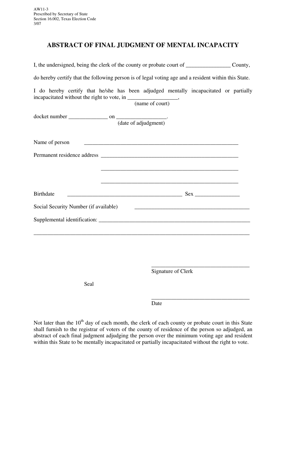 Form AW11-3 Abstract of Final Judgment of Mental Incapacity - Texas, Page 1