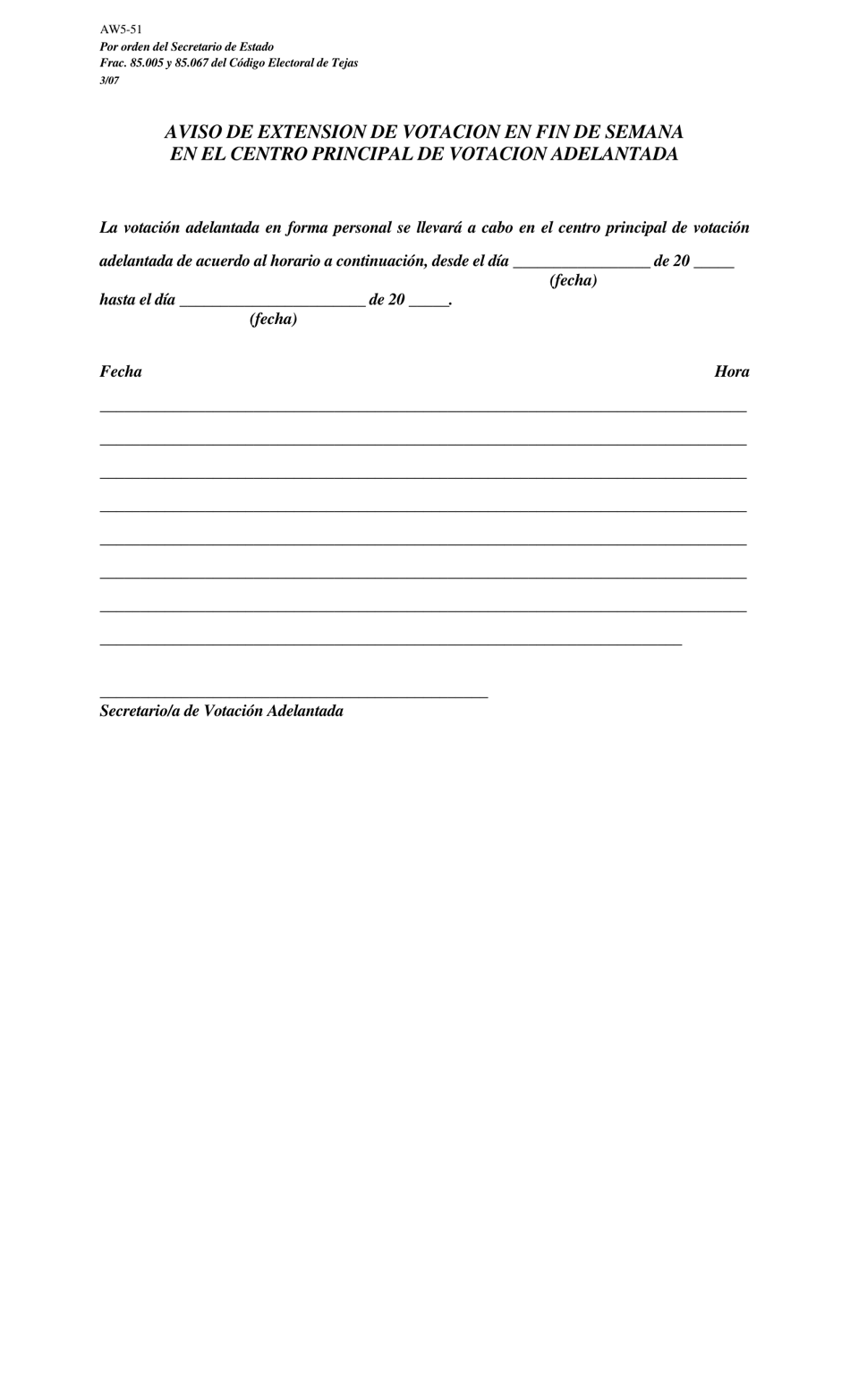 Form AW5-51 Notice of Extended Weekday Voting at Main Early Voting Location for County Elections - Texas (English / Spanish), Page 2