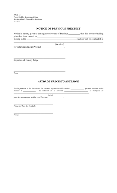 Form AW1-13 Notice of Previous Precinct - Texas (English/Spanish)