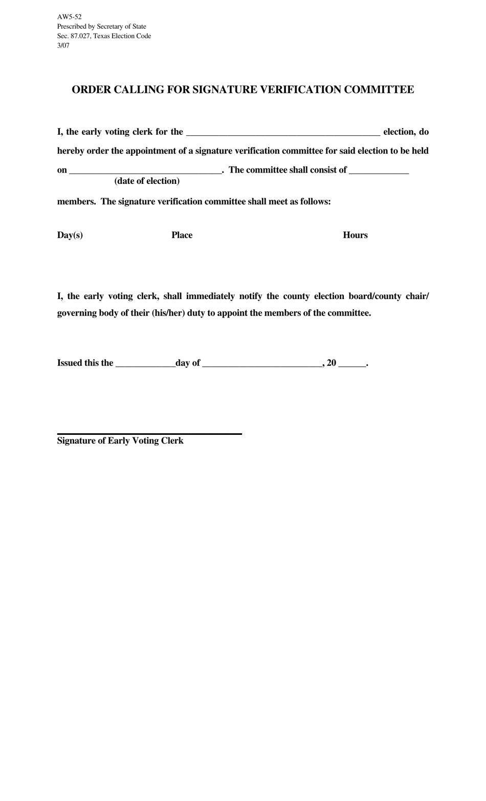 Form AW5-52 Order Calling for Signature Verification Committee - Texas, Page 1