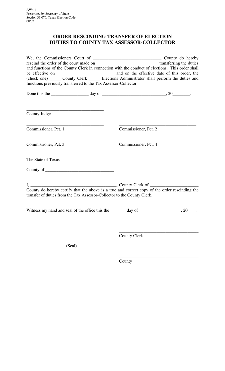 Form AW4-4 Order Rescinding Transfer of Election Duties to County Tax Assessor-Collector - Texas, Page 1