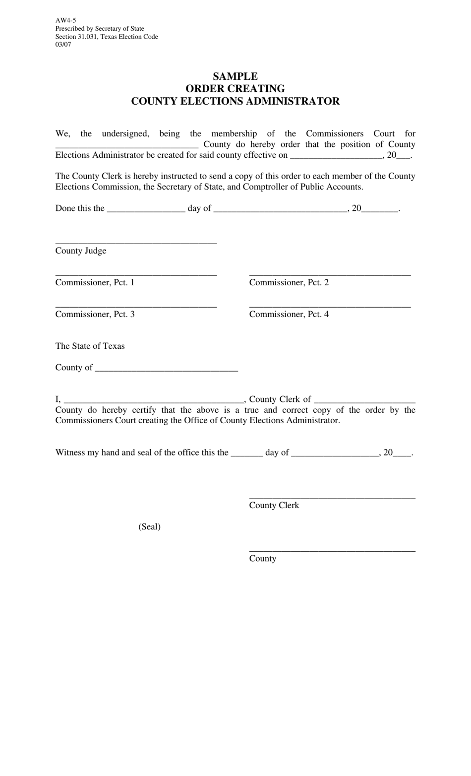 Form AW4-5 Order Creating County Elections Administrator - Texas, Page 1