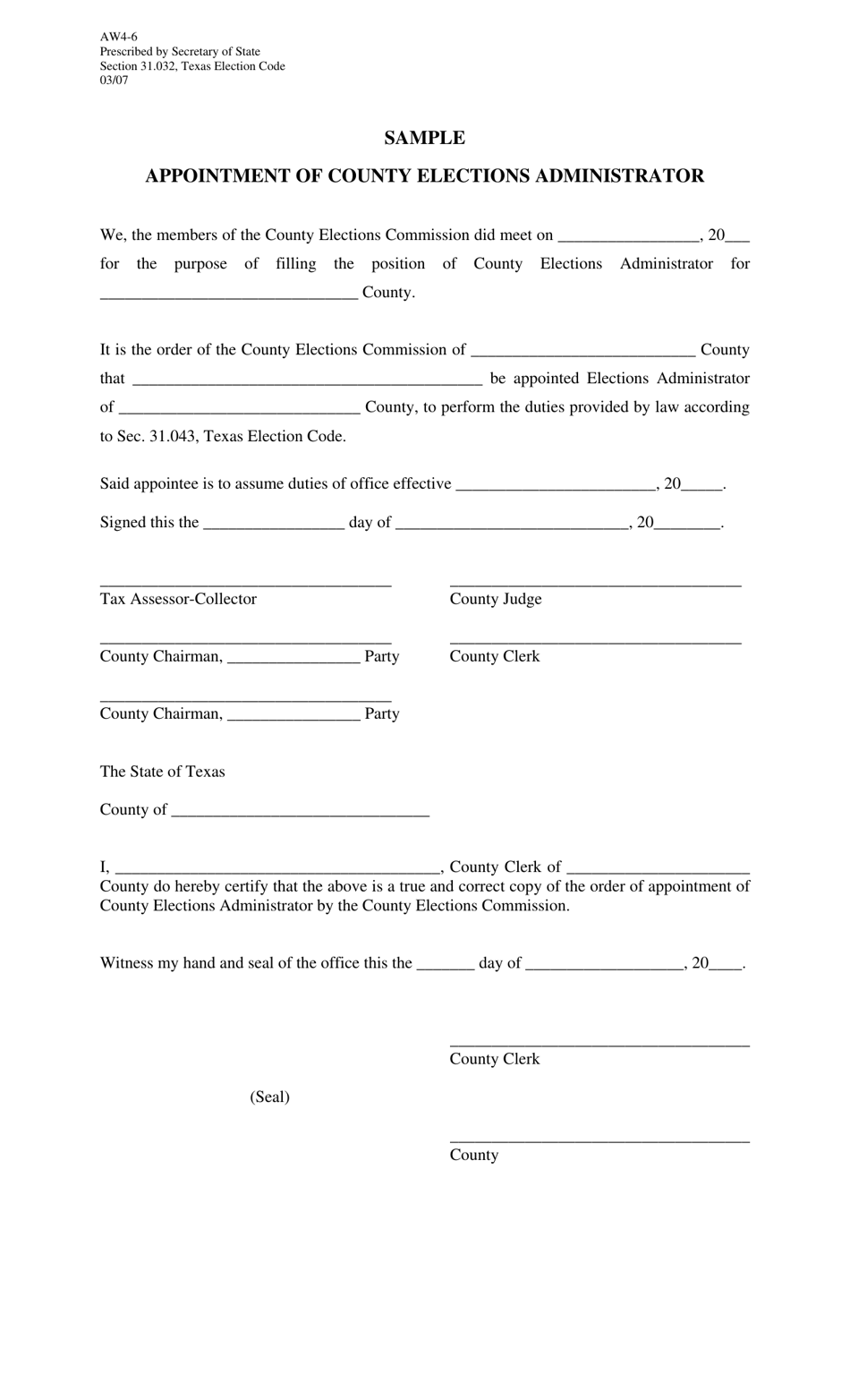 Form AW4-6 Appointment of County Elections Administrator - Texas, Page 1