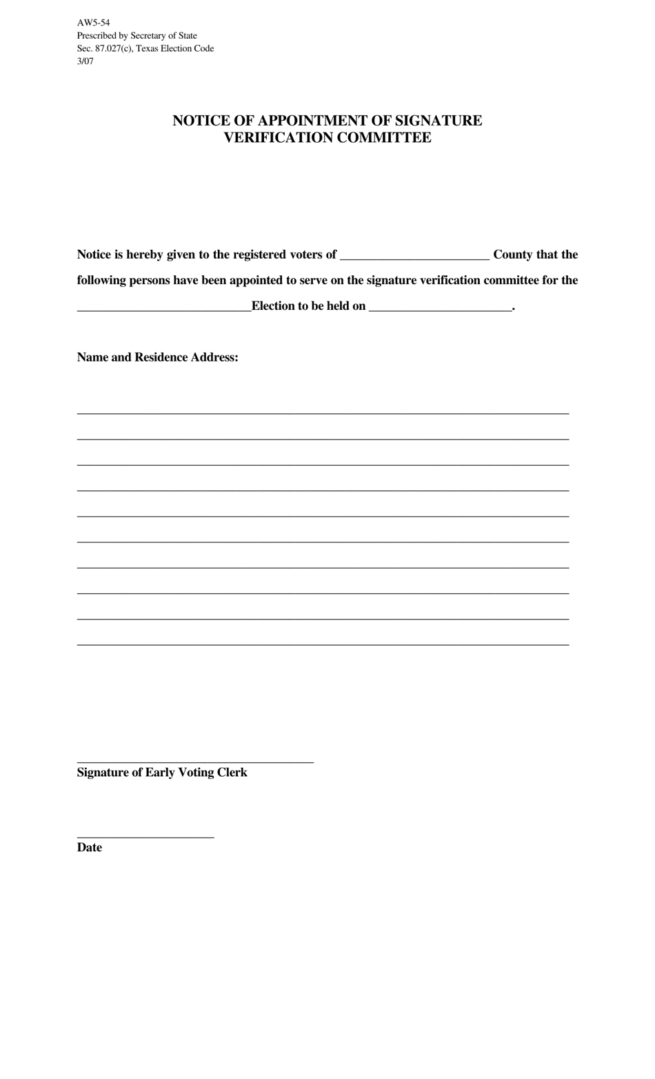 Form AW5-54 Notice of Appointment of Signature Verification Committee - Texas (English / Spanish), Page 1