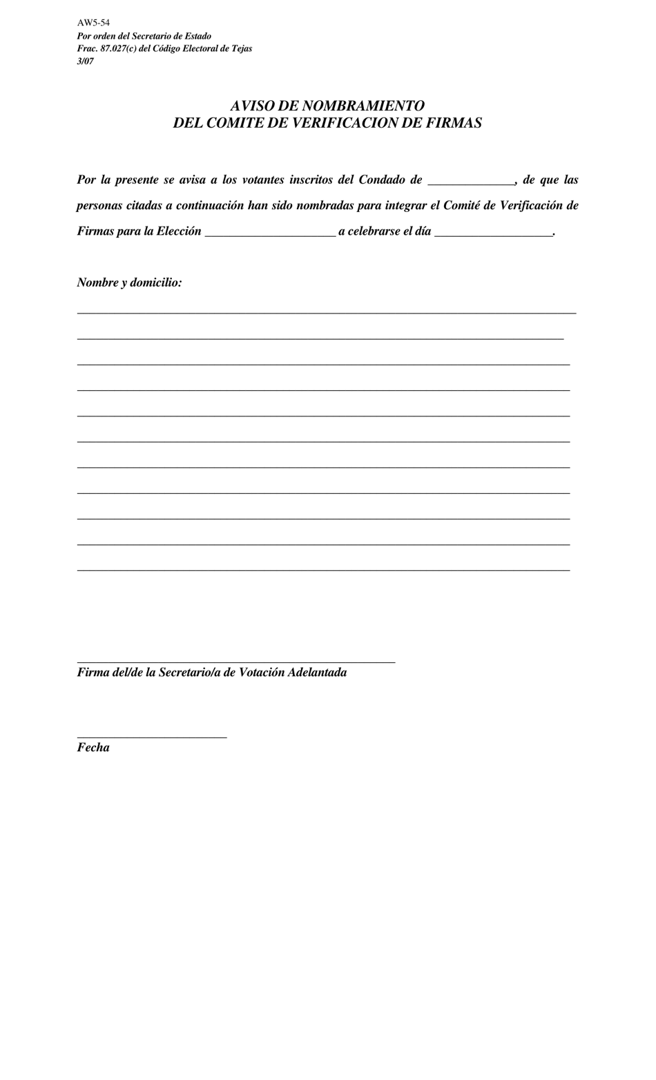 Form AW5-54 Notice of Appointment of Signature Verification Committee - Texas (English / Spanish), Page 2