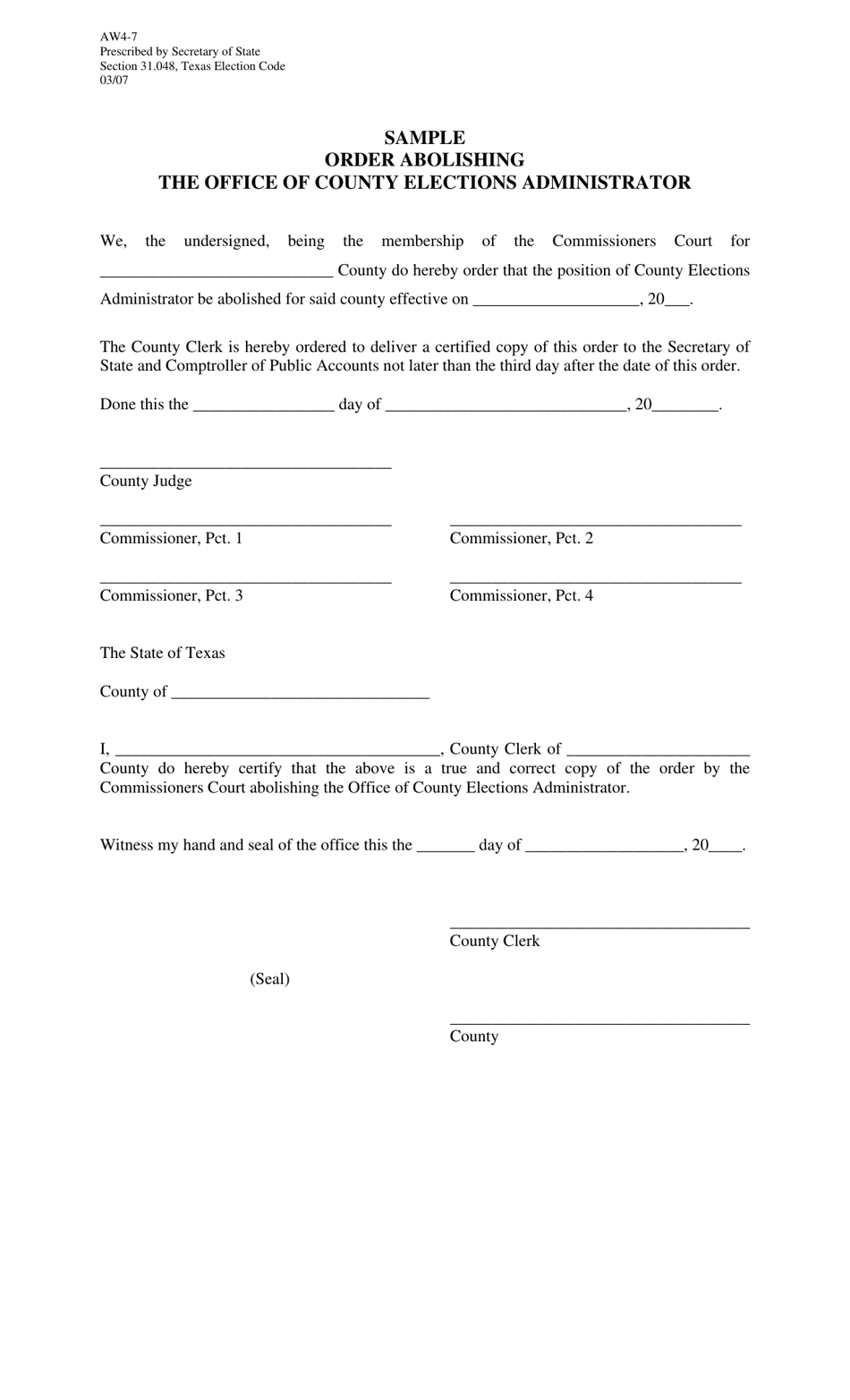 Form AW4-7 Order Abolishing the Office of County Elections Administrator - Texas, Page 1