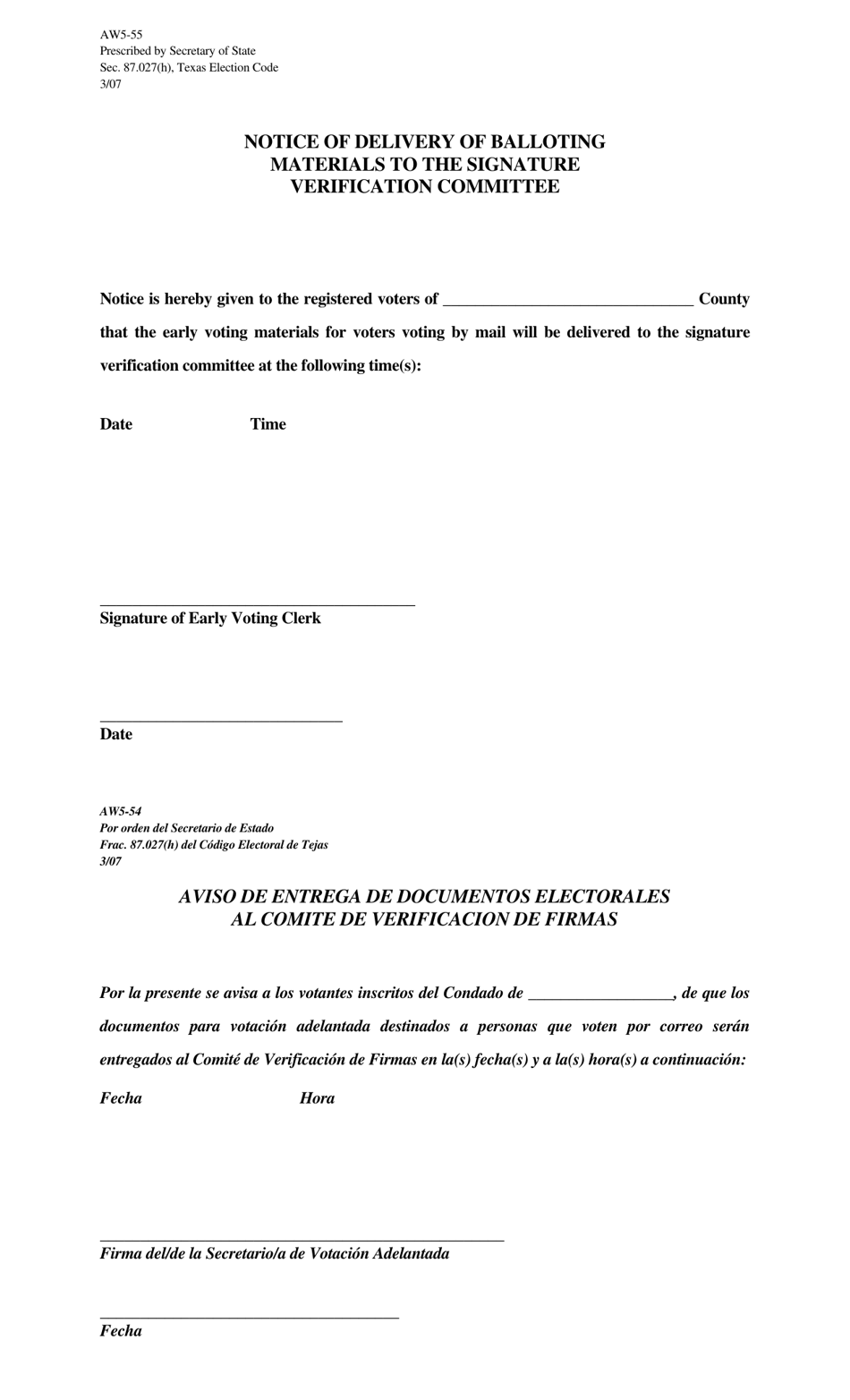 Form AW5-55 Notice of Delivery of Balloting Materials to the Signature Verification Committee - Texas (English / Spanish), Page 1