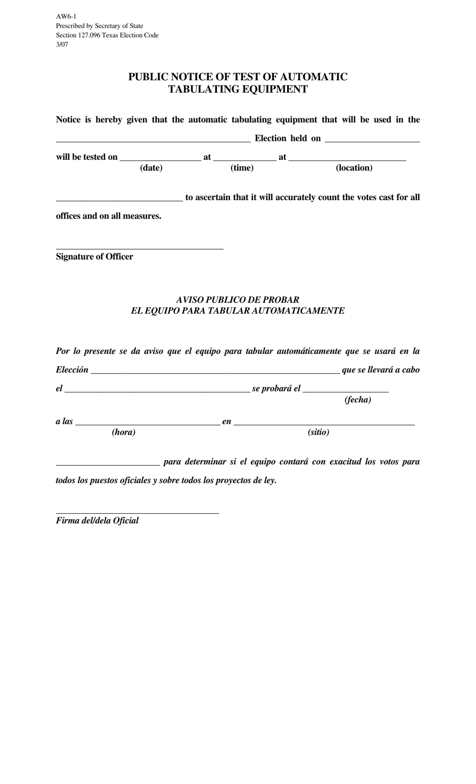 Form AW6-1 Public Notice of Test of Automatic Tabulating Equipment - Texas (English / Spanish), Page 1