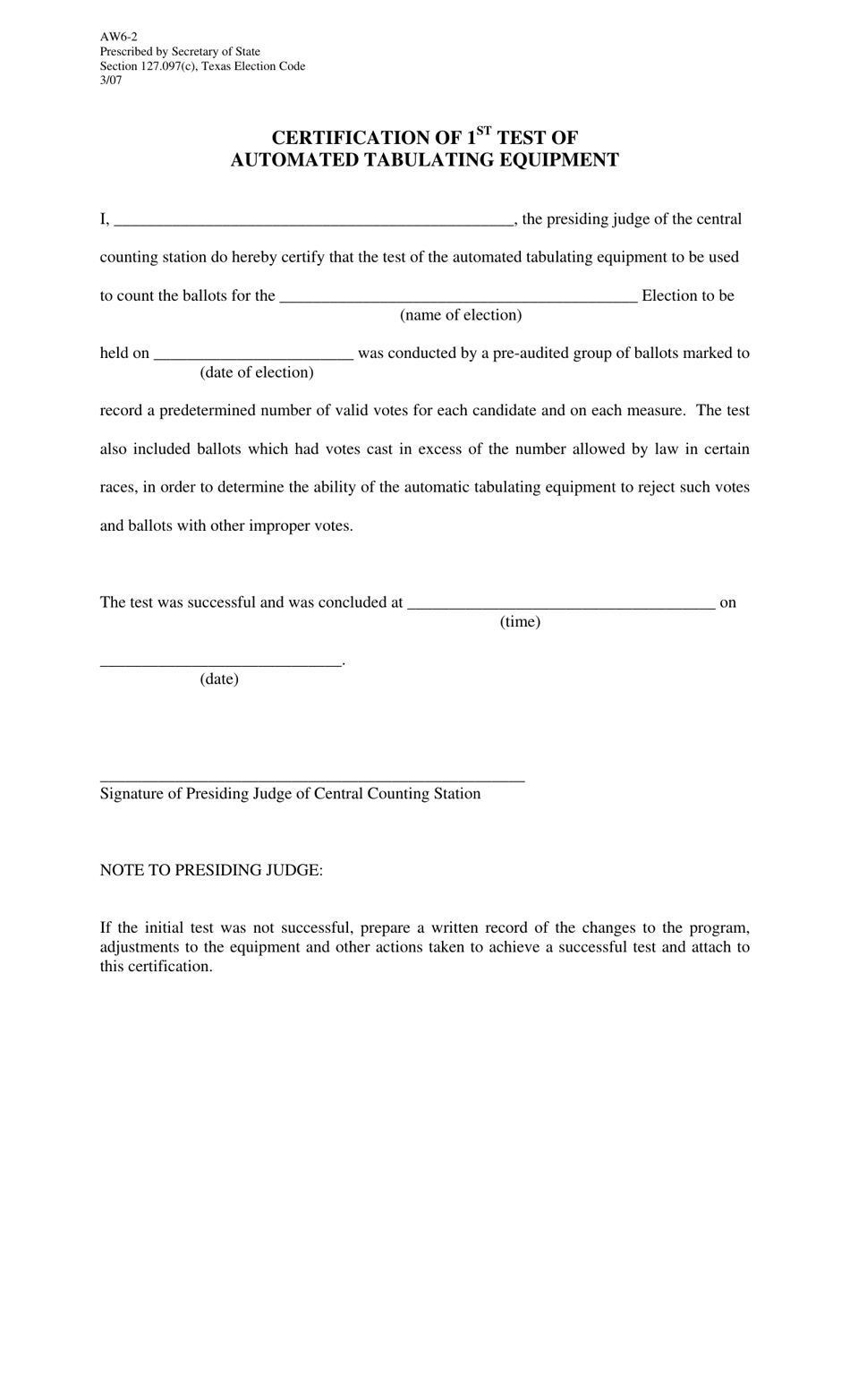 Form AW6-2 Certification of 1st Test of Automated Tabulating Equipment - Texas, Page 1
