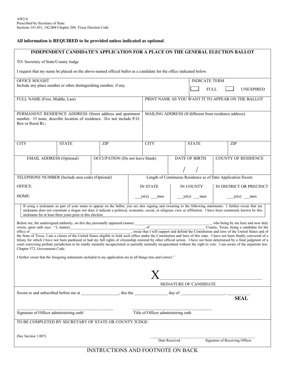 Form AW2-6 Independent Candidates Application for a Place on the General Election Ballot - Texas (English / Spanish), Page 1