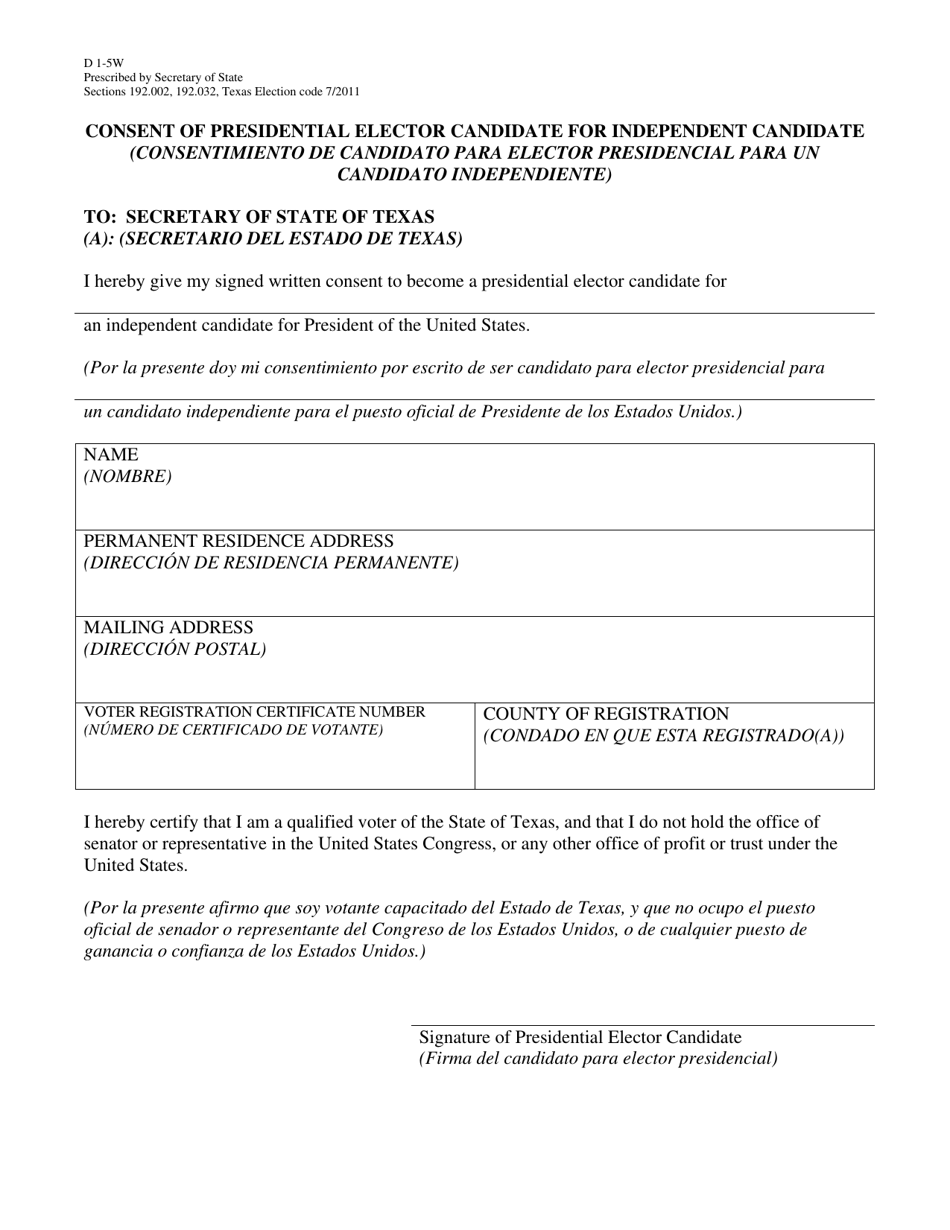 Form D1-5W Consent of Presidential Elector Candidate for Independent Candidate - Texas (English / Spanish), Page 1