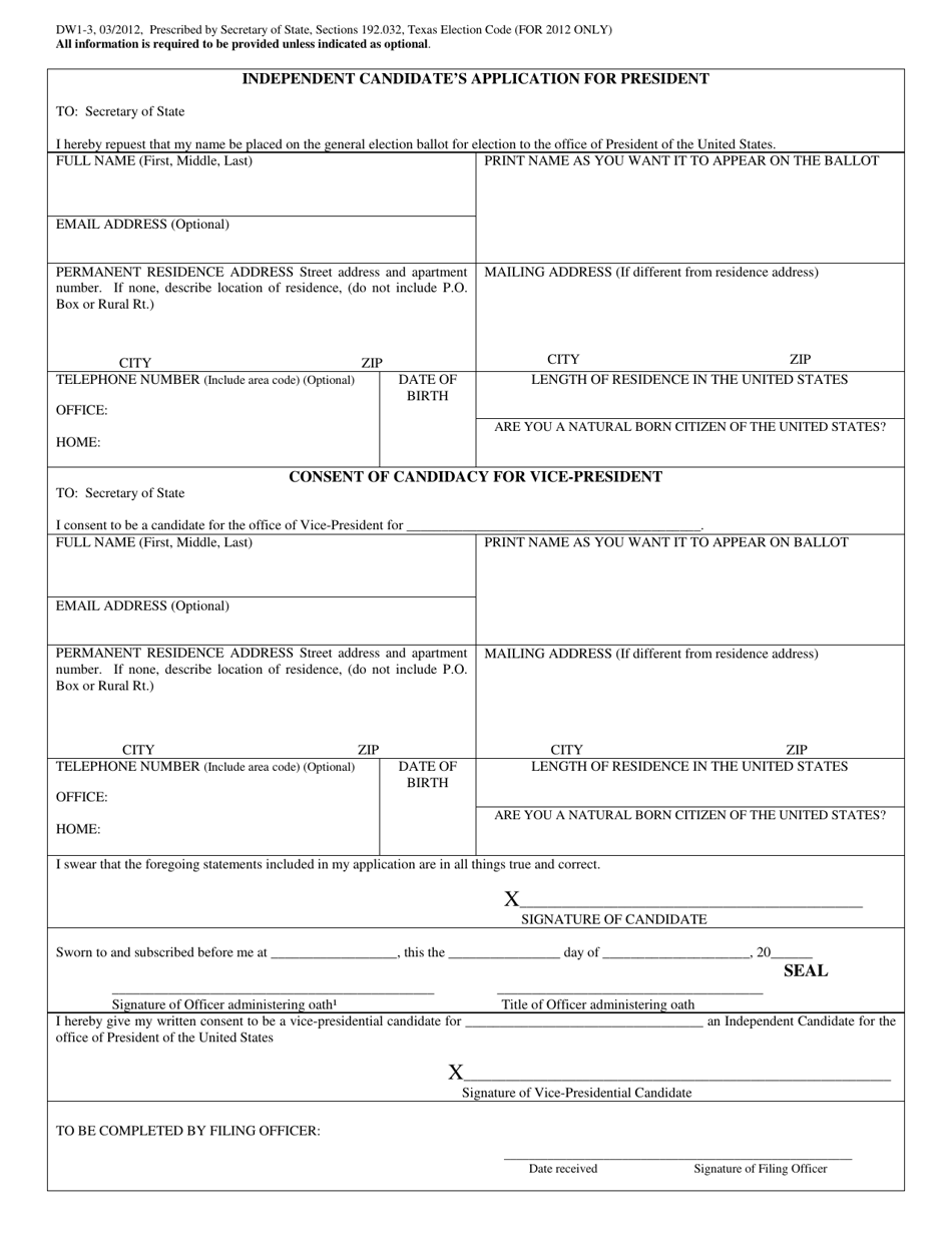 Form DW1-3 Independent Candidates Application for President - Texas (English / Spanish), Page 1