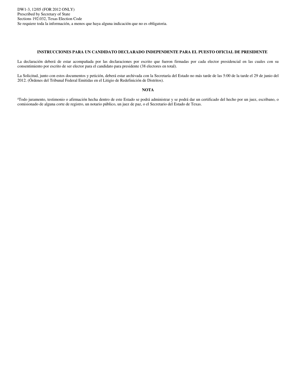 Form DW1-3 Independent Candidates Application for President - Texas (English / Spanish), Page 4