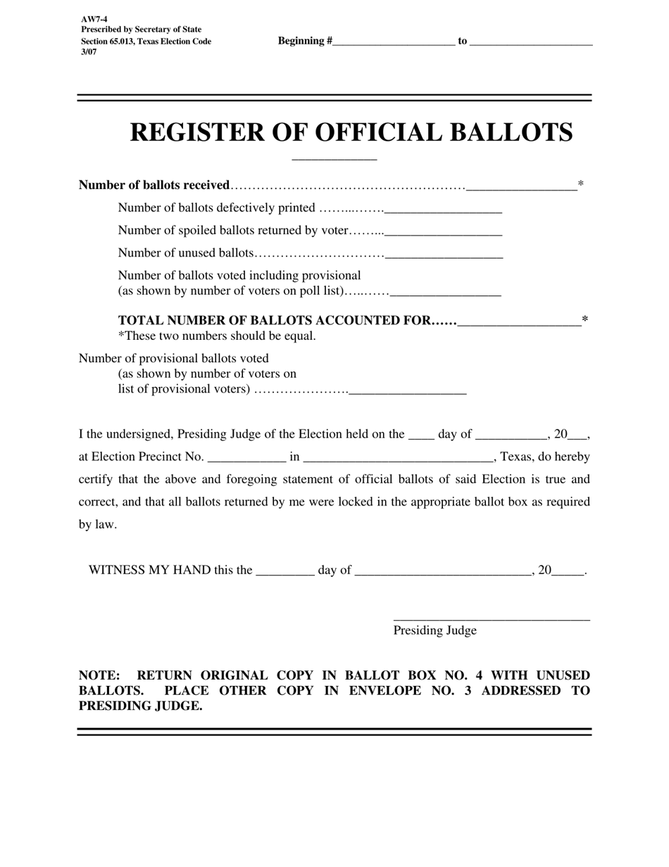 Form AW7-4 Register of Official Ballots - Texas, Page 1