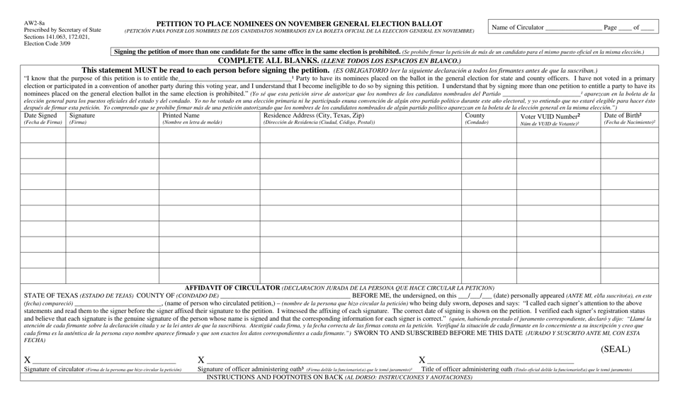 Form AW2-8A Petition to Place Nominees on November General Election Ballot - Texas (English / Spanish), Page 1