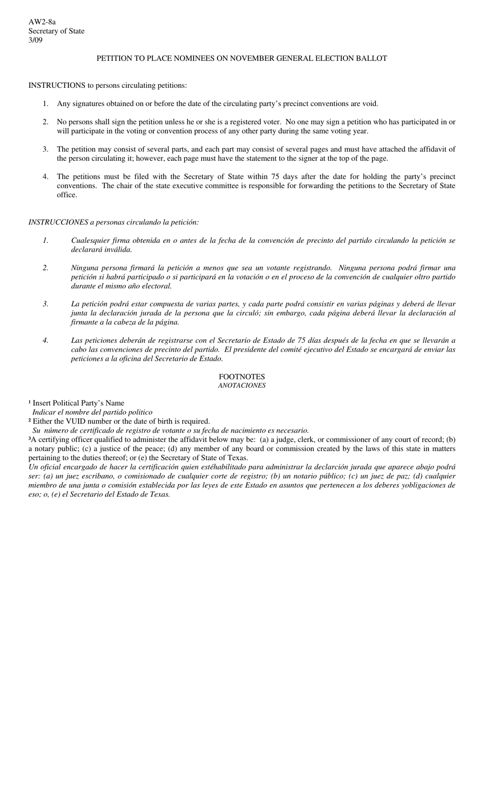 Form AW2-8A Petition to Place Nominees on November General Election Ballot - Texas (English / Spanish), Page 2