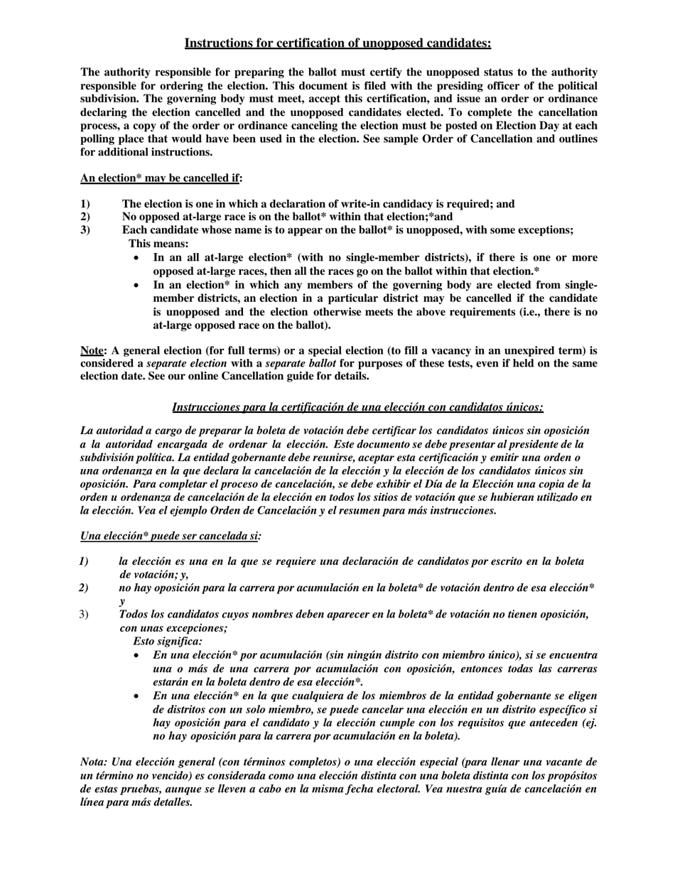 Form AW12-1 Certification of Unopposed Candidates for Other Political Subdivisions (Not County) - Texas (English / Spanish), Page 2