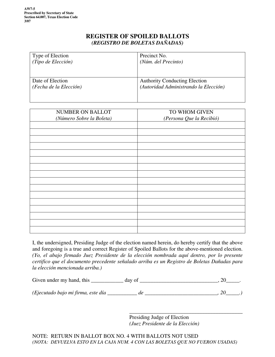 Form AW7-5 Register of Spoiled Ballots - Texas (English / Spanish), Page 1