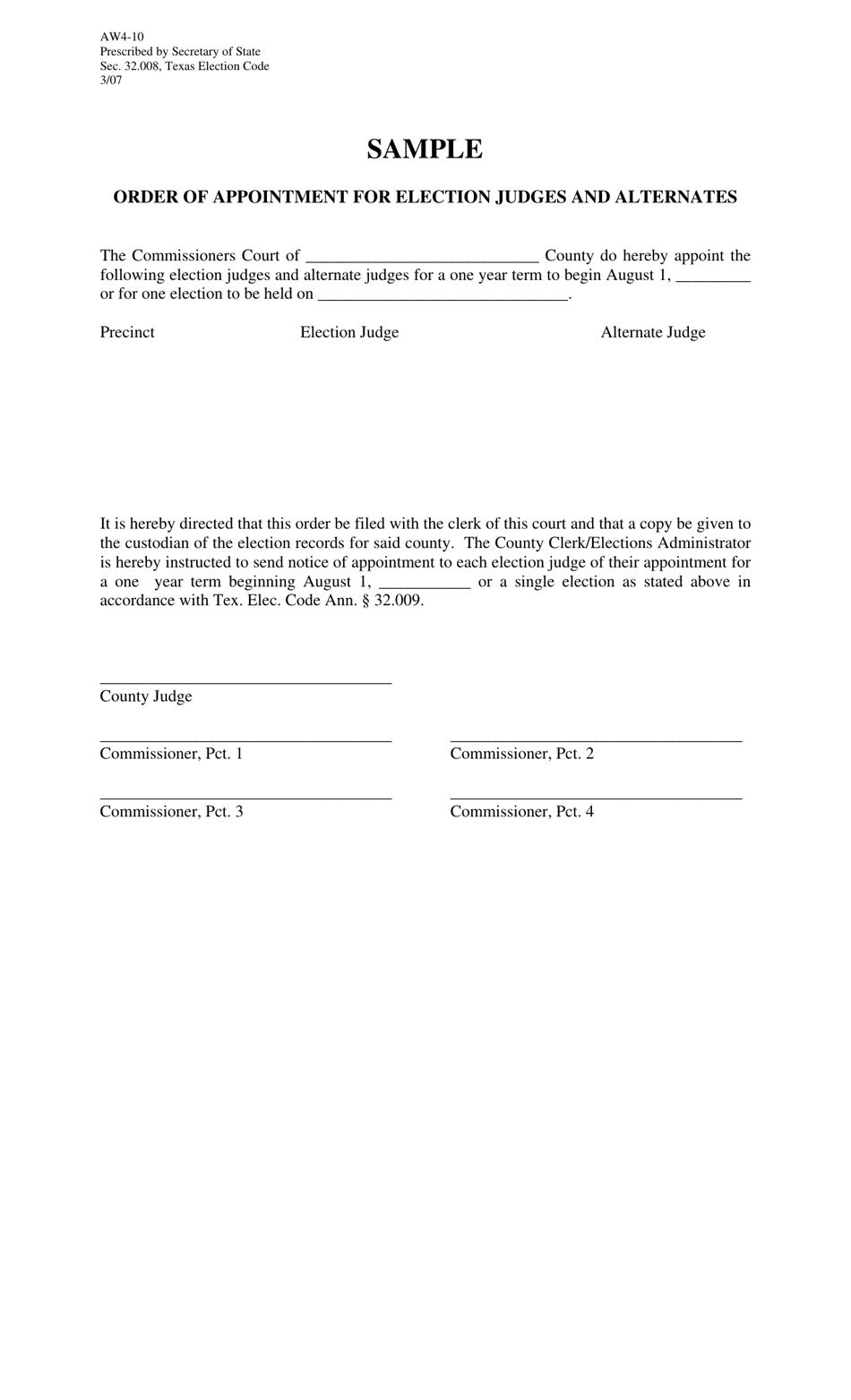 Form AW4-10 Order of Appointment for Election Judges and Alternates - Texas, Page 1