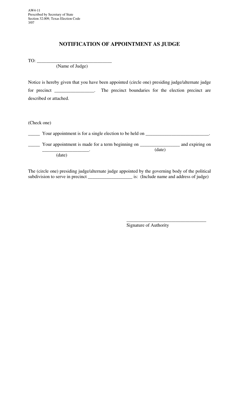 Form AW4-11 Notification of Appointment as Judge - Texas, Page 1