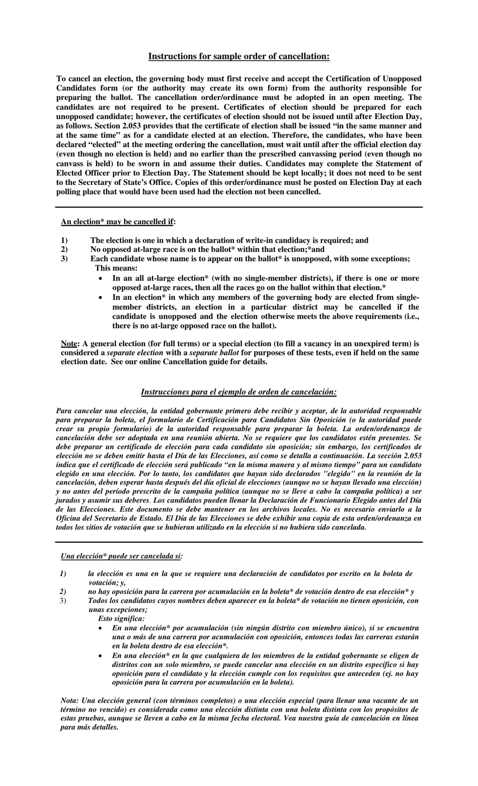 Form AW12-2 Sample Order of Cancellation - Texas (English / Spanish), Page 2