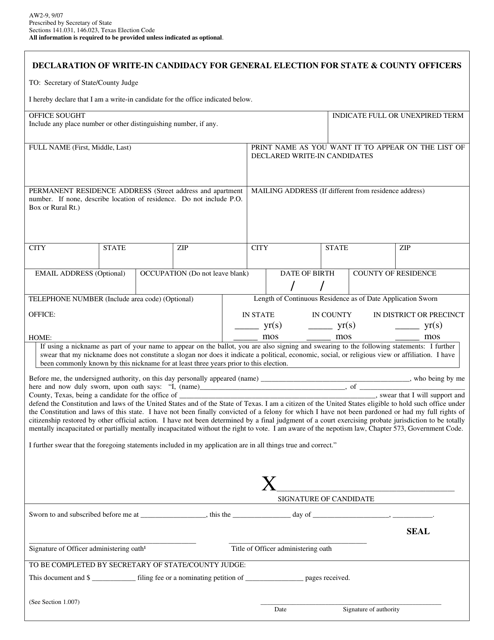 Form AW2-9 Declaration of Write-In Candidacy for General Election for State & County Officers - Texas (English/Spanish)