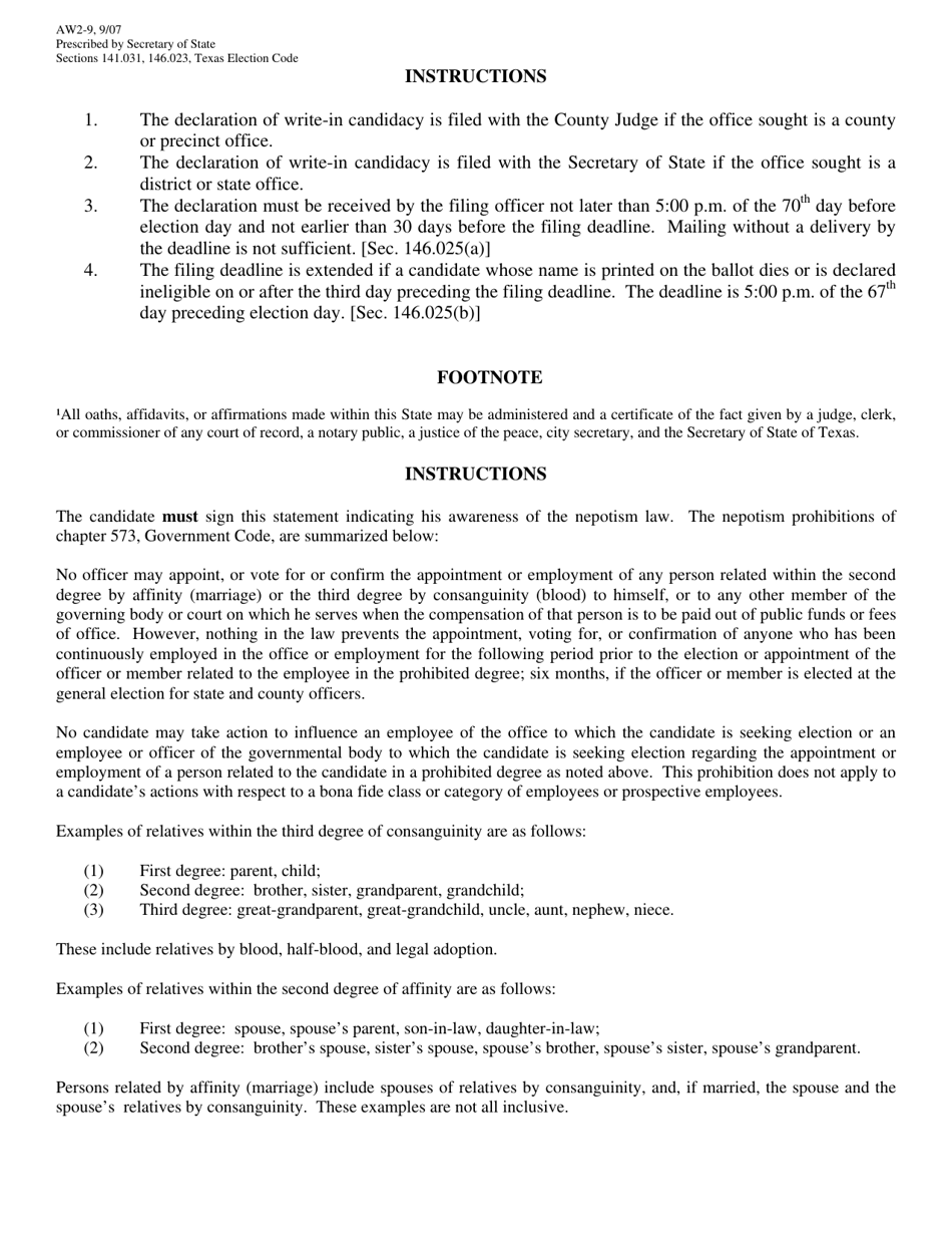 Form AW2-9 Declaration of Write-In Candidacy for General Election for State  County Officers - Texas (English / Spanish), Page 2