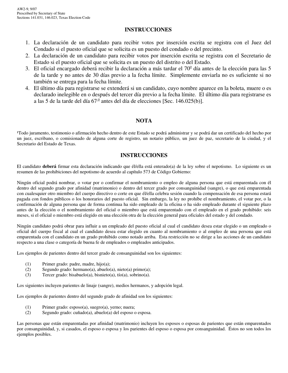 Form AW2-9 Declaration of Write-In Candidacy for General Election for State  County Officers - Texas (English / Spanish), Page 5