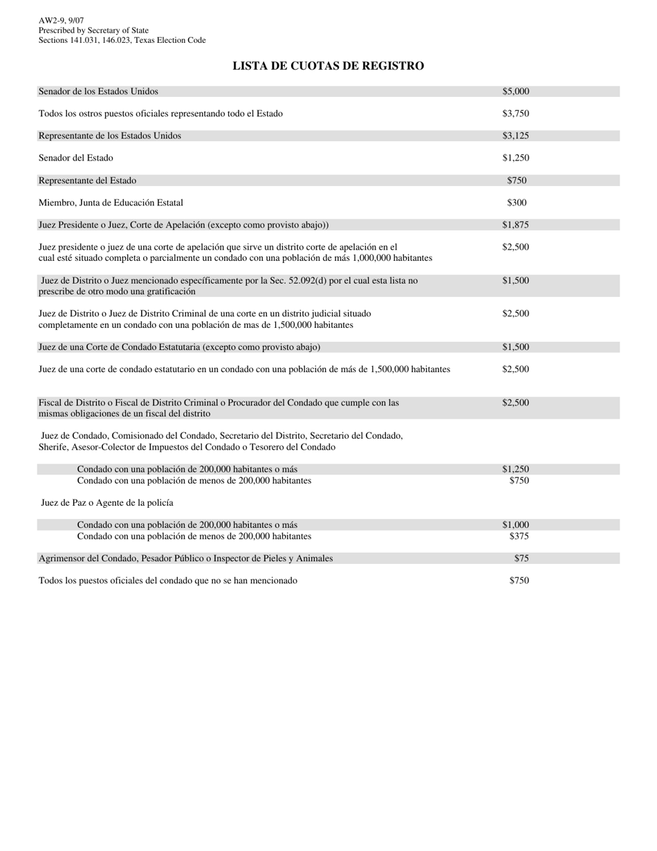 Form AW2-9 Declaration of Write-In Candidacy for General Election for State  County Officers - Texas (English / Spanish), Page 6