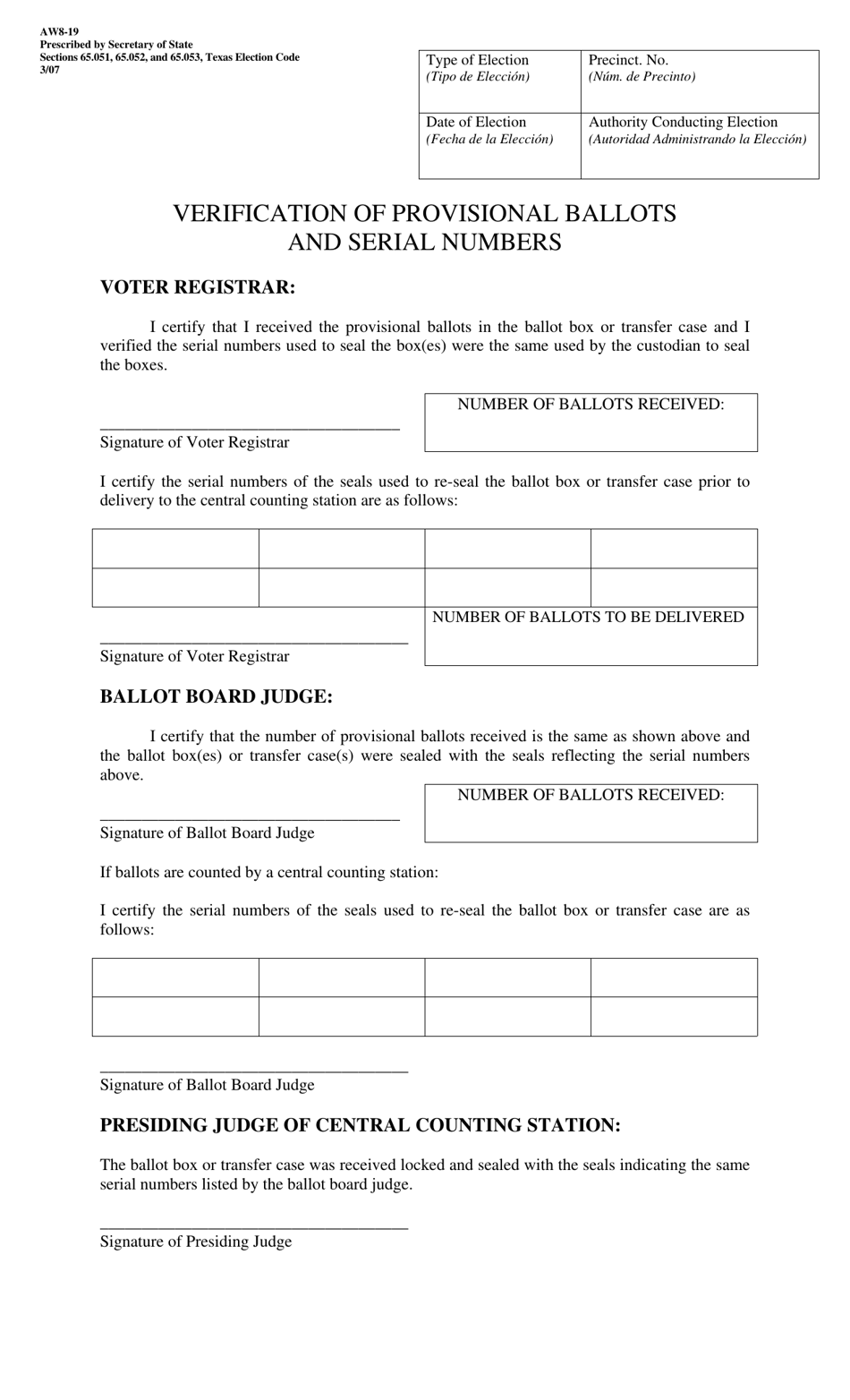 Form AW8-19 Verification of Provisional Ballots and Serial Numbers - Texas, Page 1