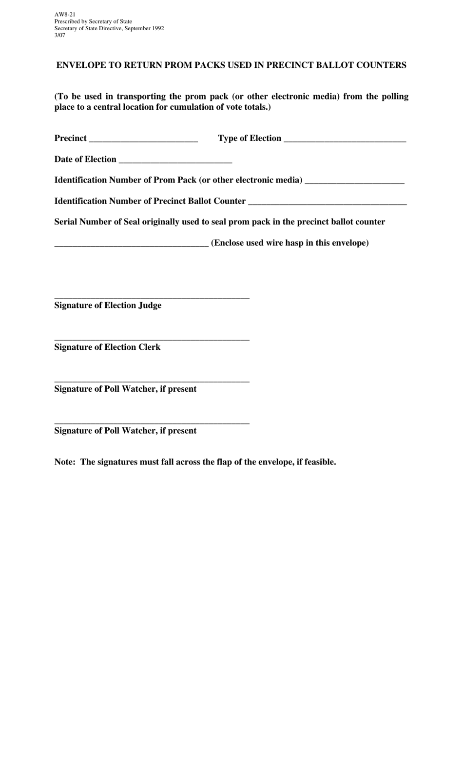 Form AW8-21 Envelope to Return Prom Packs Used in Precinct Ballot Counters - Texas, Page 1