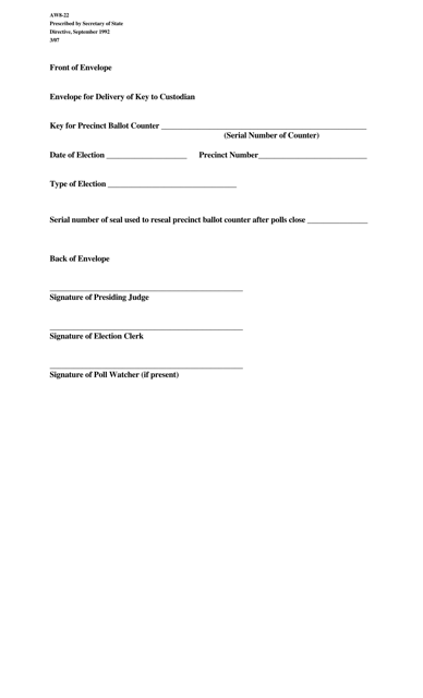 Form AW8-22 Envelope for Delivery of Key to Custodian - Texas