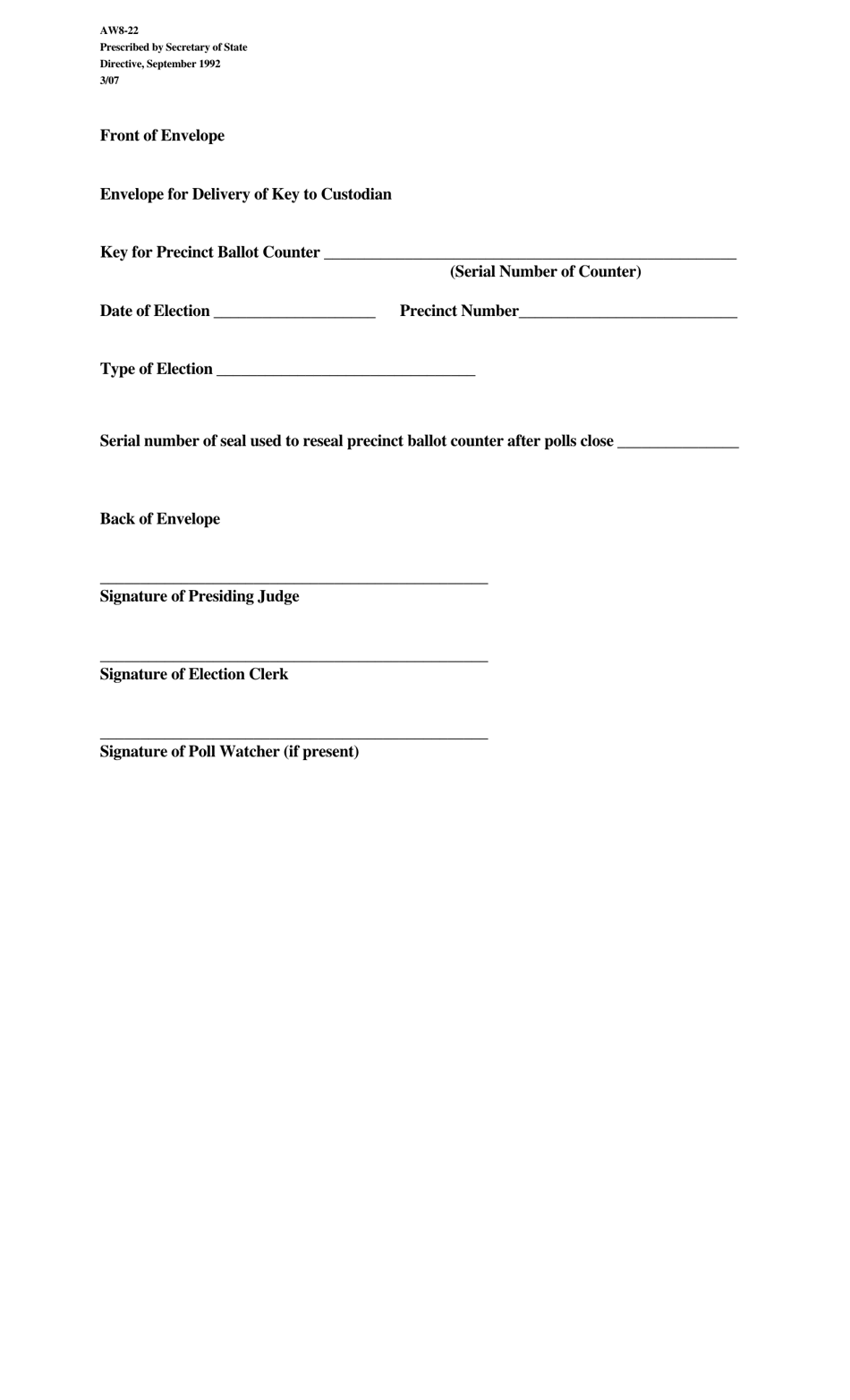 Form AW8-22 Envelope for Delivery of Key to Custodian - Texas, Page 1