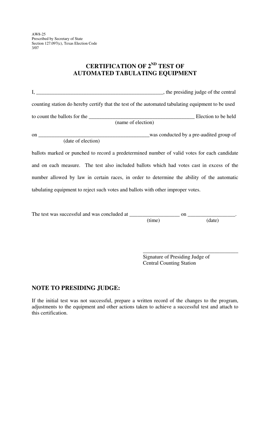Form AW8-25 Certification of 2nd Test of Automated Tabulating Equipment - Texas, Page 1