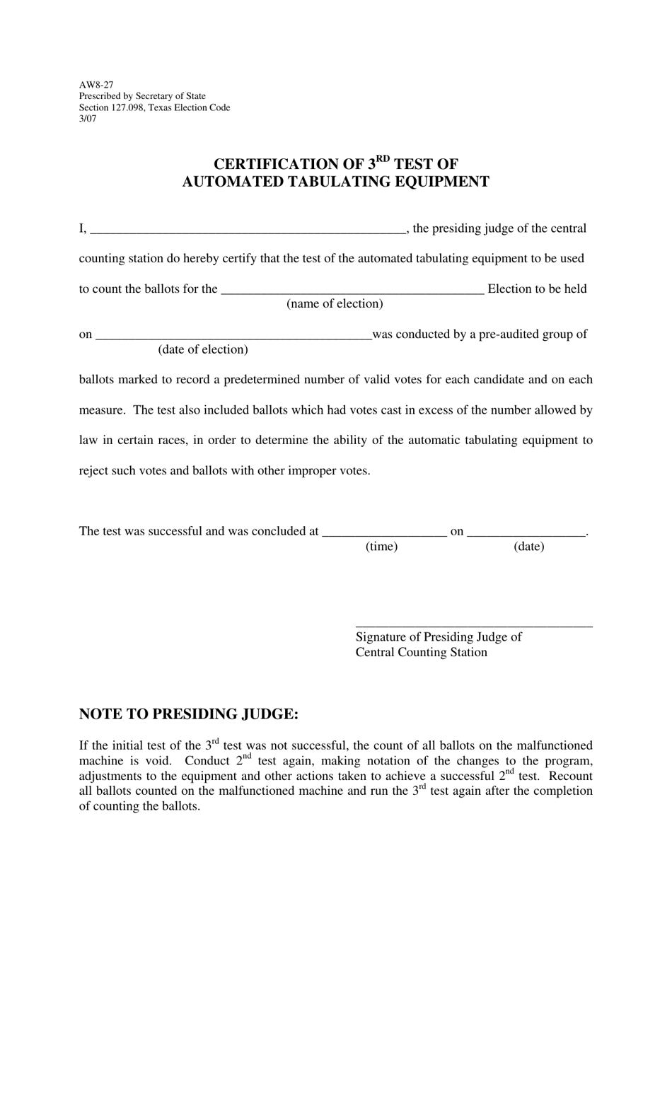 Form AW8-27 Certification of 3rd Test of Automated Tabulating Equipment - Texas, Page 1