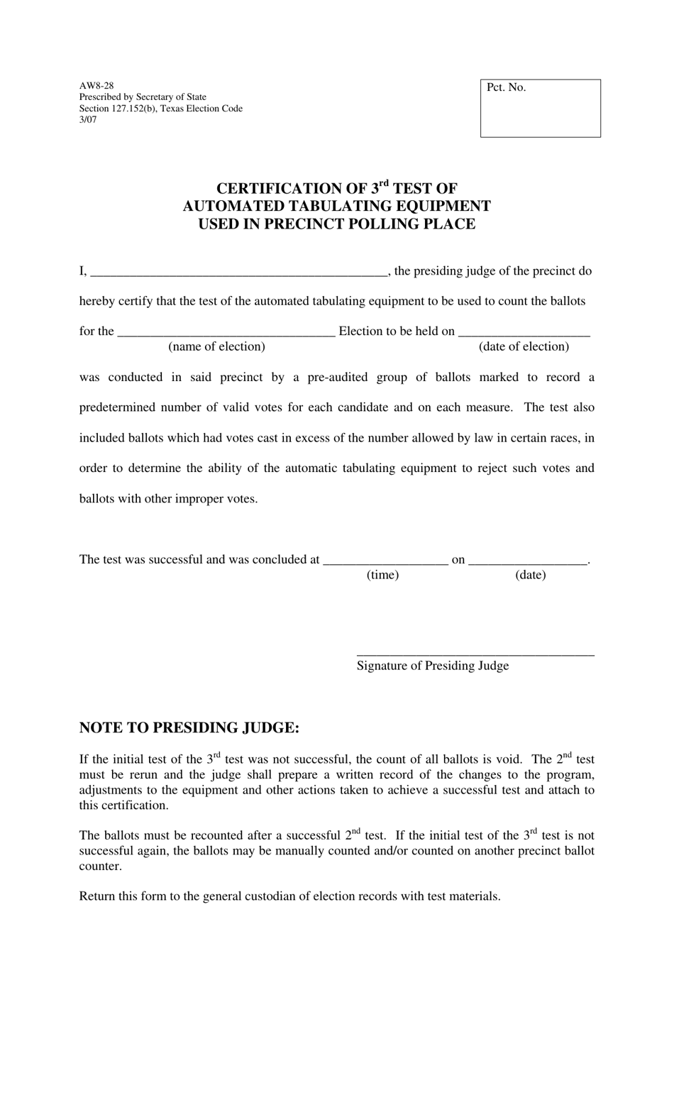 Form AW8-28 Certification of 3rd Test of Automated Tabulating Equipment Used in Precinct Polling Place - Texas, Page 1
