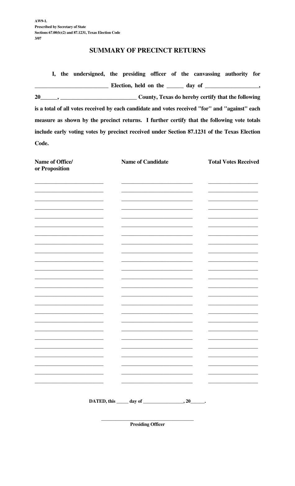 Form AW9-1 Summary of Precinct Returns - Texas, Page 1