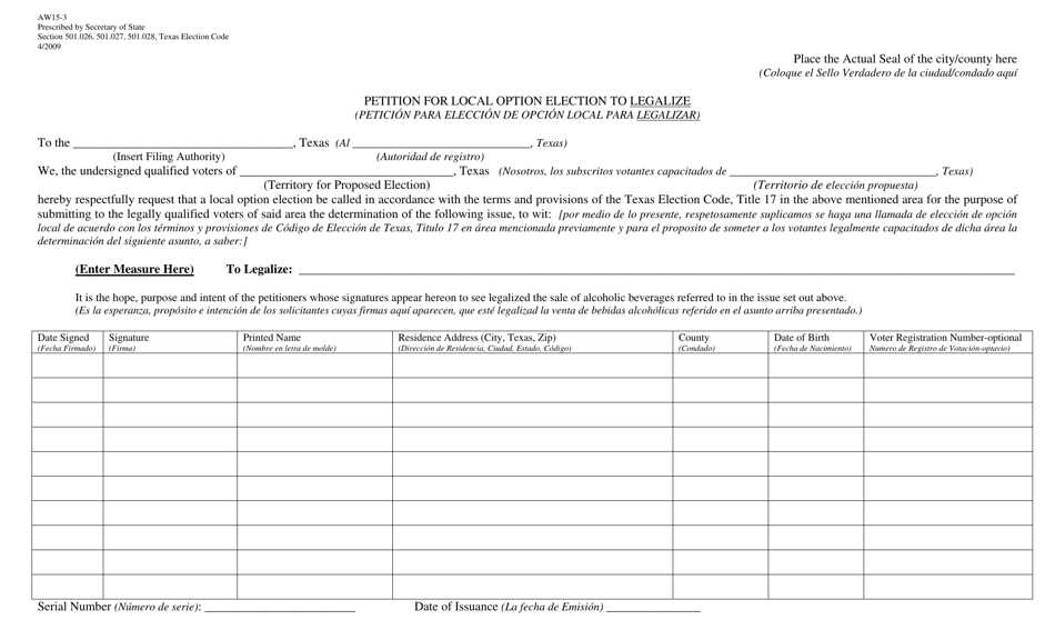 Form AW15-3 Petition for Local Option Election to Legalize - Texas (English / Spanish), Page 1