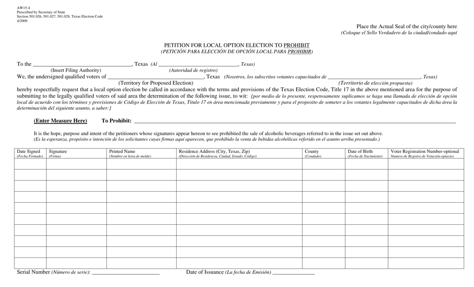 Form AW15-4 Petition for Local Option Election to Prohibit - Texas (English / Spanish), Page 1