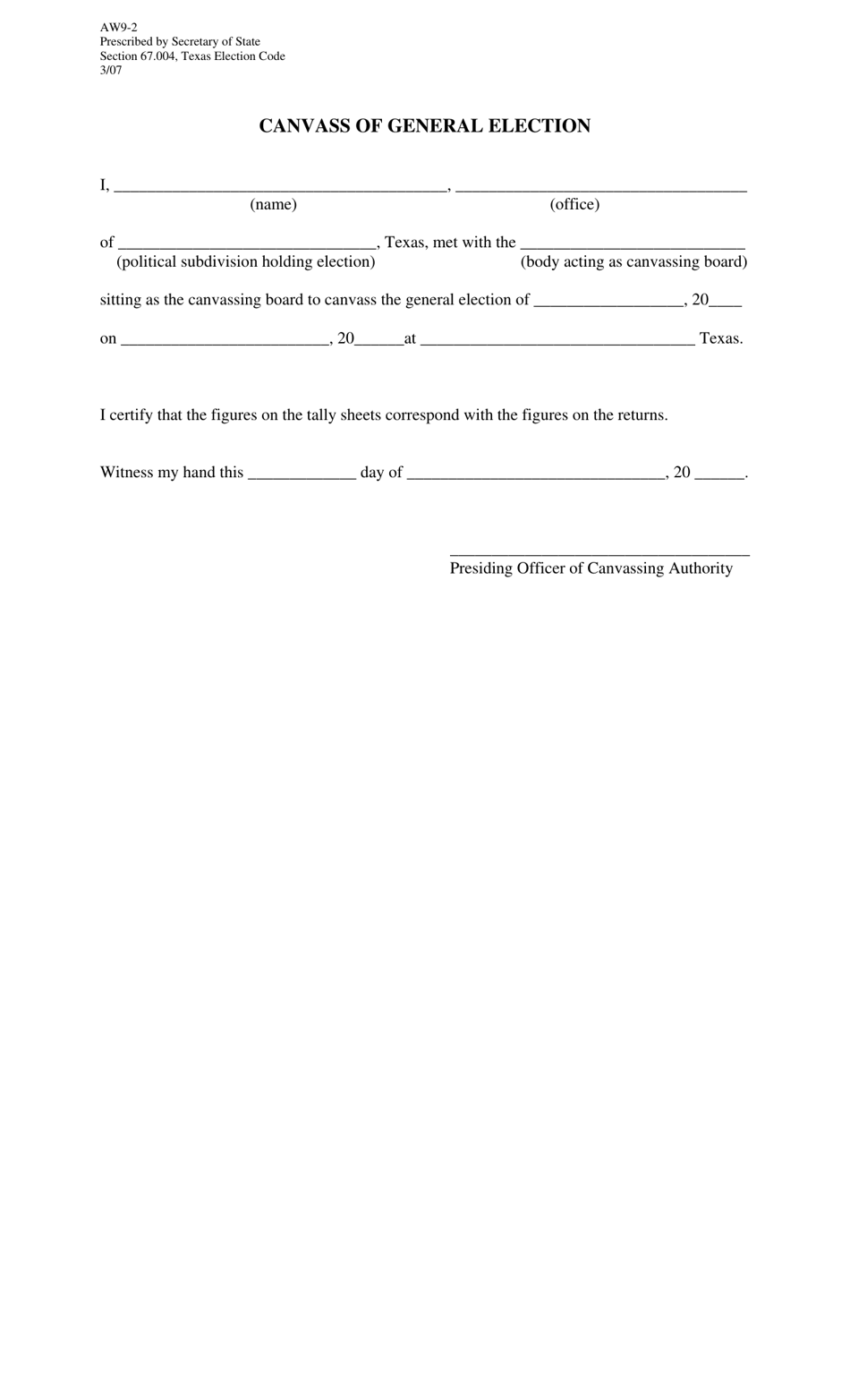 Form AW9-2 Canvass of General Election - Texas, Page 1