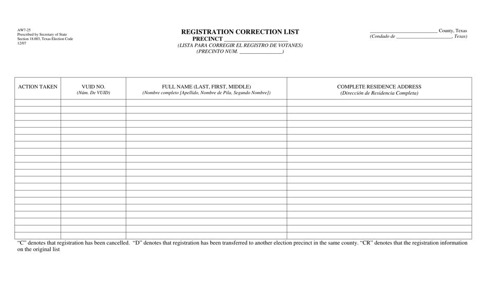 Form AW7-25 Registration Correction List - Texas (English / Spanish), Page 1