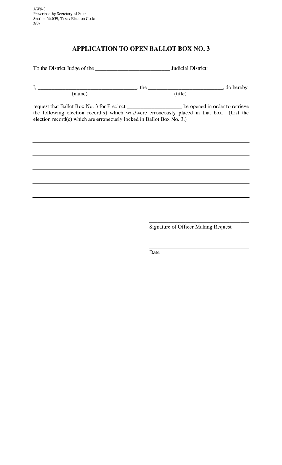 Form AW9-3 Application to Open Ballot Box No. 3 - Texas, Page 1