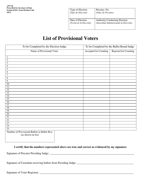 Form AW7-26 List of Provisional Voters - Texas